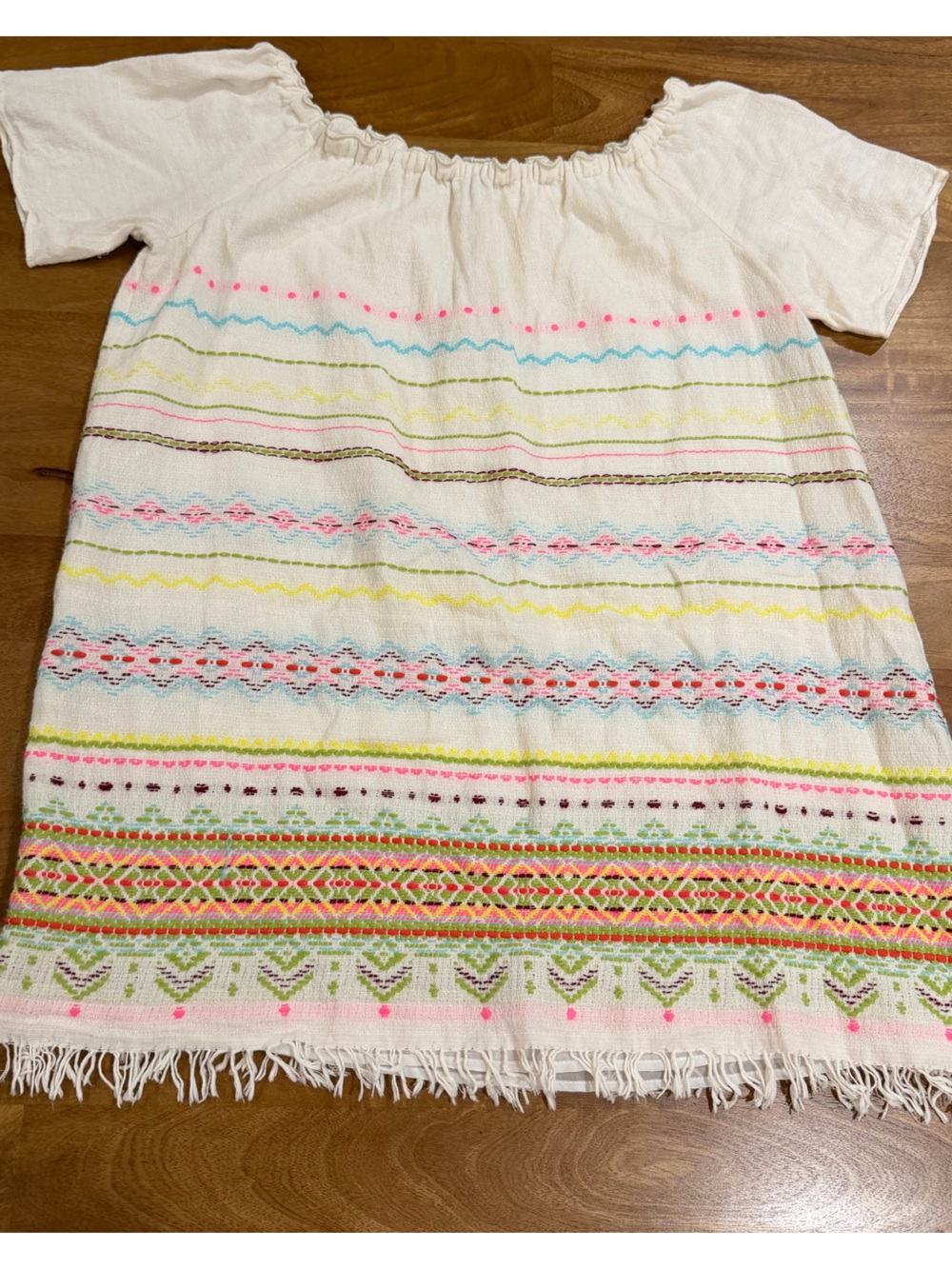 DREW Cream Knit Tunic Top with Neon Multicolor Embroidery and Fray Hem Size XL